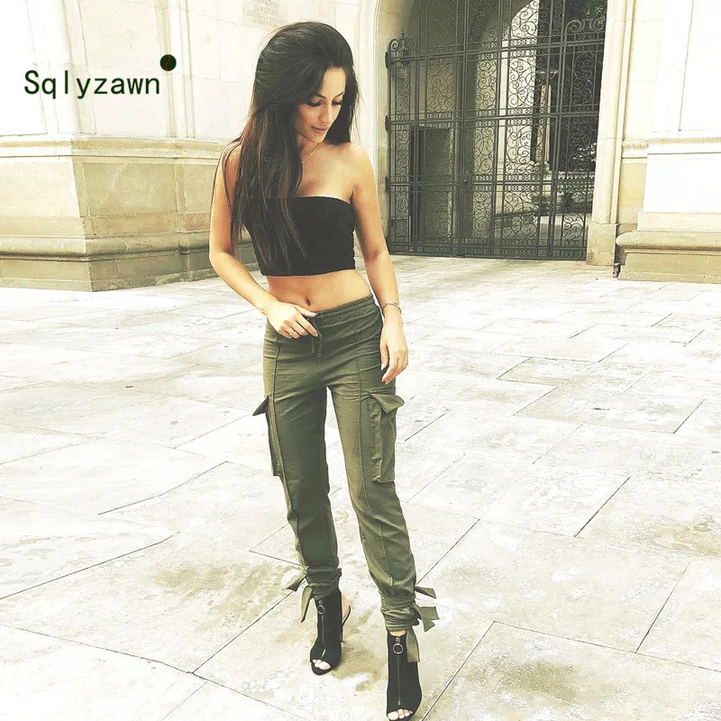 

Summer Women Multi-pocket Trousers Military Cargo Pants Ladies Army Green Baggy Leg Bandage Pants Female Casual Streetwear Pants
