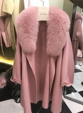 Европейская и американская мода поясанные женские длинные из шерсти ягнёнка, кашемир пальто с воротник из натурального меха - Цвет: pink