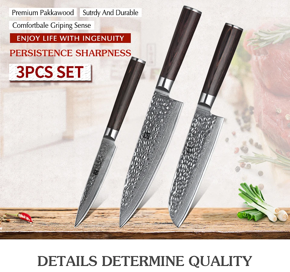 Набор кухонных ножей XINZUO из 3 предметов, дамасский стальной нож, нож для стейка, нож из нержавеющей стали, инструменты для барбекю, ручка Pakkawood