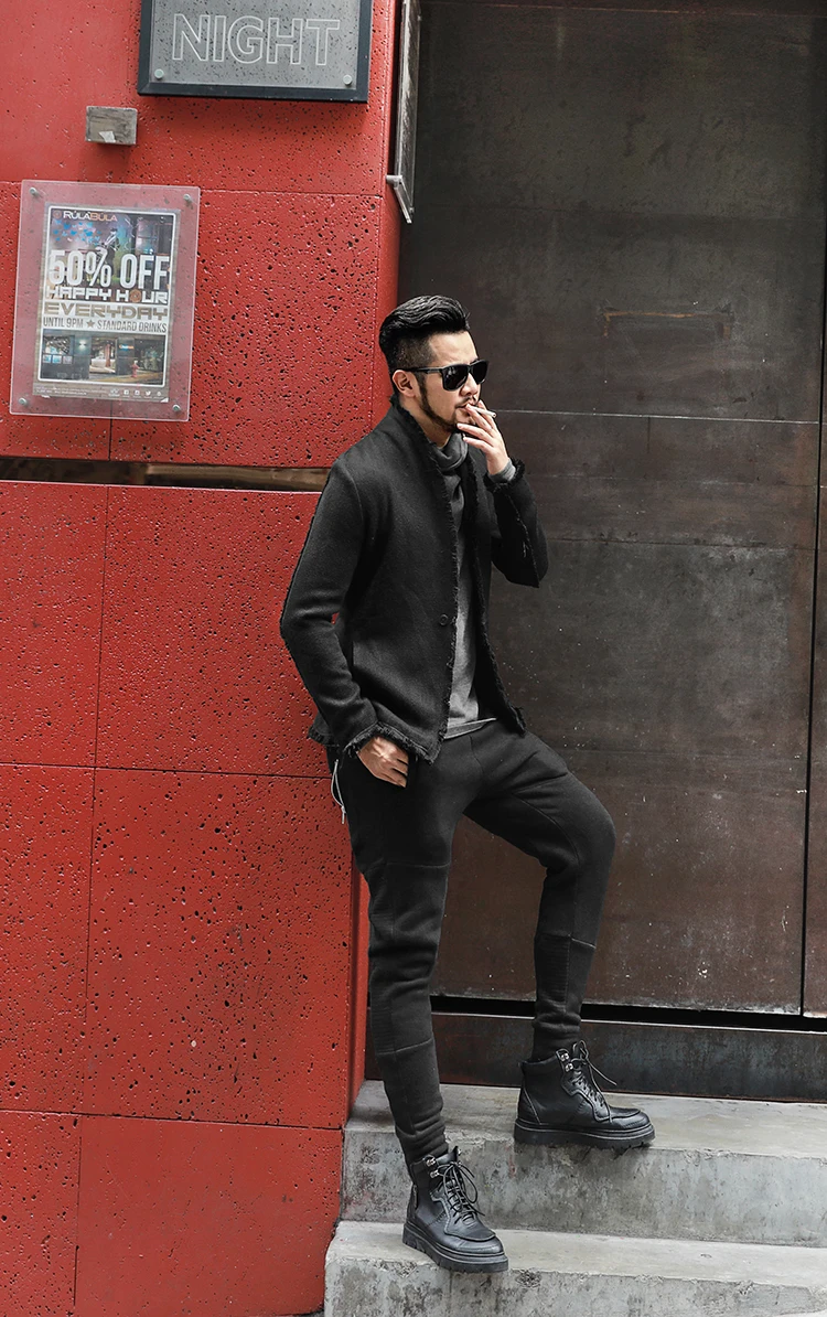 New Spring Retro Black Fur-trimmed Casual Slim Black European Style Suit for Men Stand Collar Men Suit Blazer Brand F8288