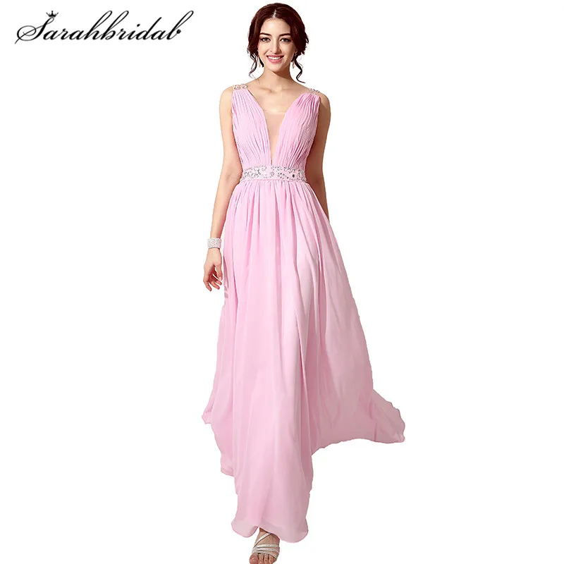 

Pink Elegant long Prom Dresses V-Neck Sexy Back Lace A-Line Floor-Length Chiffon Crystals Prom Party Gown Sleeveless Hot SD206