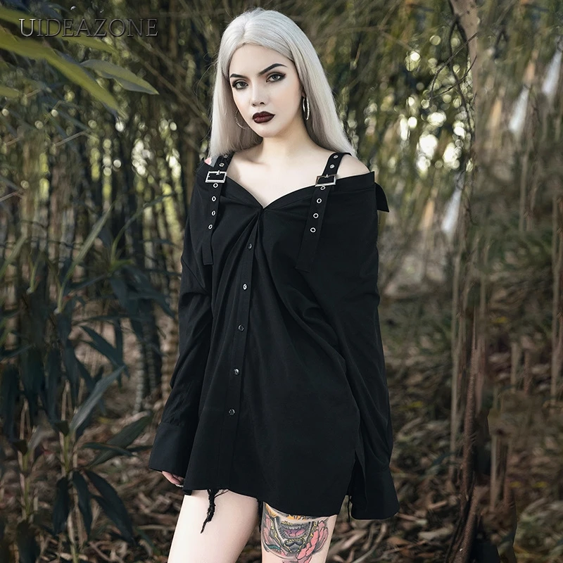 

UIDEAZONE Gothic Slash Neck Women Dress Full Sleeve Strapless High Waist Button Above Knee Sexy Dress Solid Loose Shirt Dress