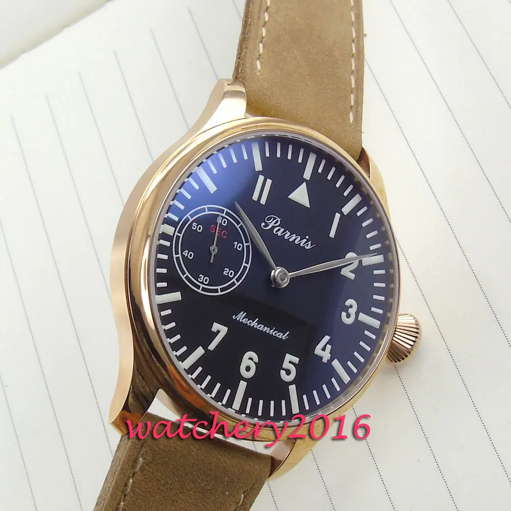44mm Parnis black dial camel Leather rose golden case 6497 hand winding movement Men's Watch 44mm Parnis black dial camel Leather rose golden case 6497 hand winding movement Men's Watch