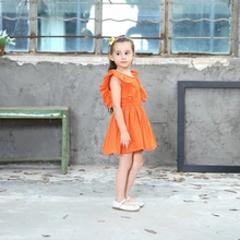Оранжевое платье летние Дети для девочек, на возраст от трех до двенадцати рукава с гофрированными манжетами платье Мягкий хлопок платья принцесс Одежда для девочек