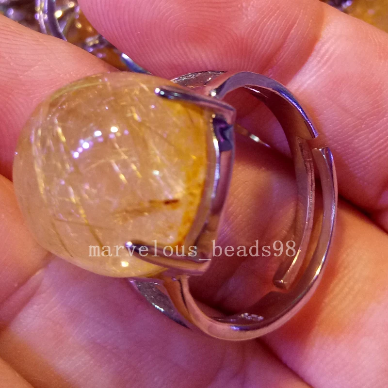 

Free shipping Fashion Jewelry Natural Rutilated Quartz Oval Bead Ring Adjust Size 7~12" MC4261
