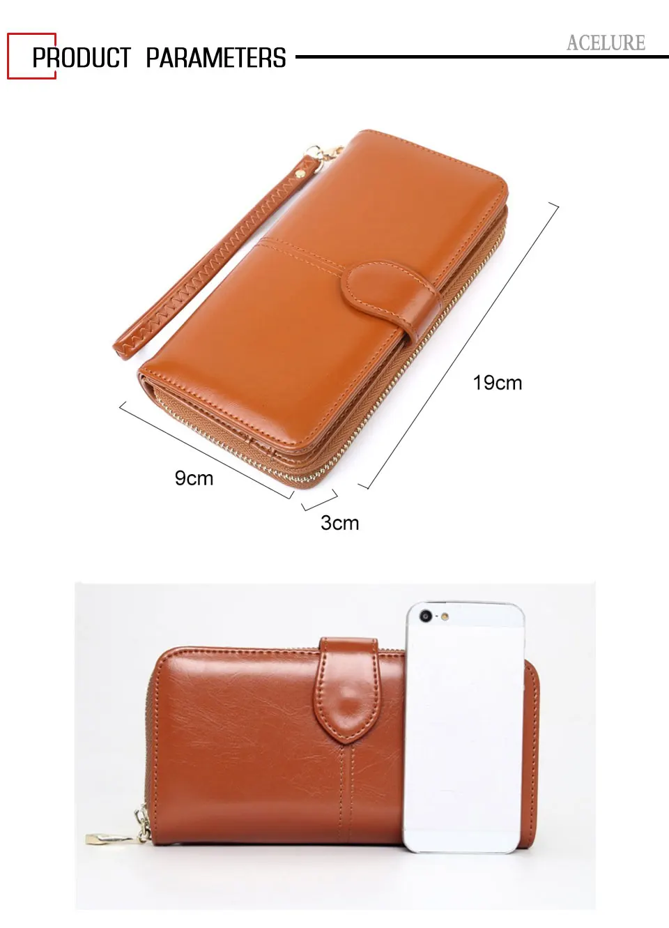 ACELURE Solid Color Women Long Wallets Simple Style Zipper& Hasp Purse With Card Holder Oil Wax Pu Leather Ladies Daily Wallet