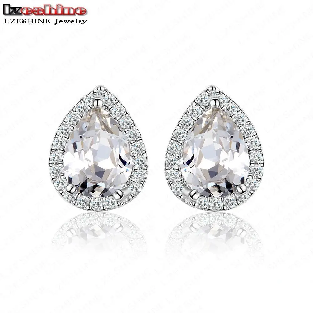 LZESHINE New Arrival Elegant Stud Earring Real Silver Color Water Drop