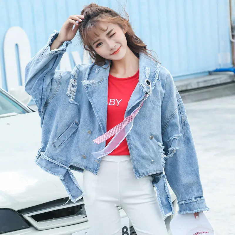 

Harajuku Oversized Denim Jacket Female 2019 Autumn New Korean Casual Coat Loose Girls Fashion Frayed Holes Jeans Chaqueta f1140