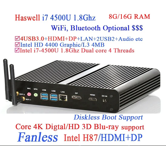  i7 Dual Core Fanless Mini PC Desktop Computer 8G Or 16GB DDR3 Memory 2.5'HDD Storage DP+HDMI dual display 3D Game 300M Wifi 