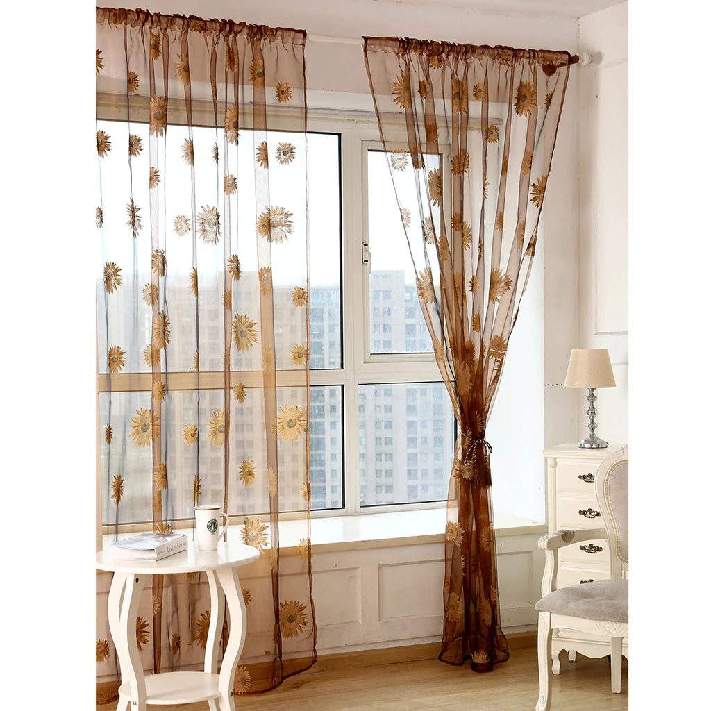 Sunflower Sheer Voile Window Curtains Semi Tulle Drape Panel for Kitchen Bedroom Living Room(Slot Top Design, 2x1 Meter)