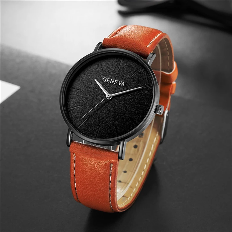 

Men's Brown Minimalist Watches 2019 New Simple Style Geneva Luxury Man Quartz Watches Leather Watchband Casual Clock
