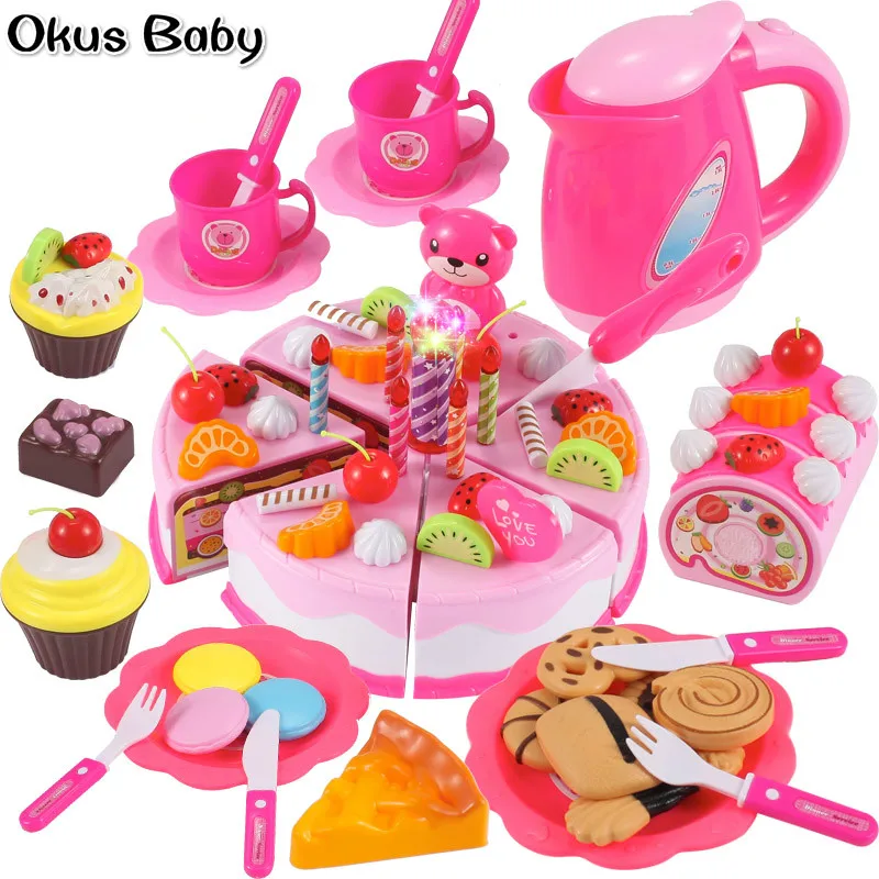 Новые DIY ролевые игры фрукты разрезание торта ко дню рождения кухонная игрушечная еда Cocina де Juguete игрушка розовый синий подарок для девочек