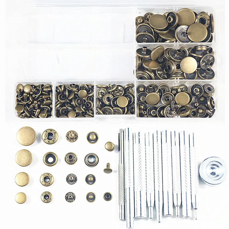

40set Metal Brass Snap Fastener Press Stud Buttons Poppers Leather Craft+50set 8MM Rivets for Leather+10pcs Fixing Tools Kit+Box