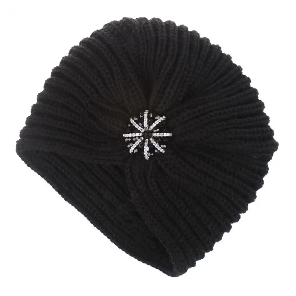Мода сплошной цвет вязаная шапка Стразы бини зимняя теплая тюрбан шапка