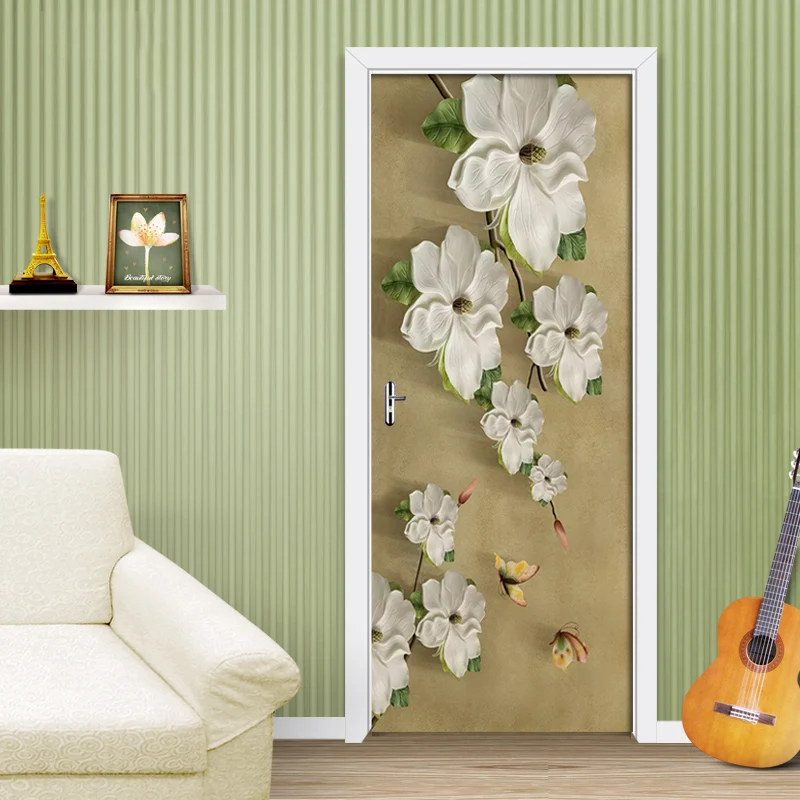Рельефные цветочные бабочки 3D двери стикер стены плакат с художественным искусством ПВХ самоклеющиеся съемные обои декор дома двери 3D наклейки