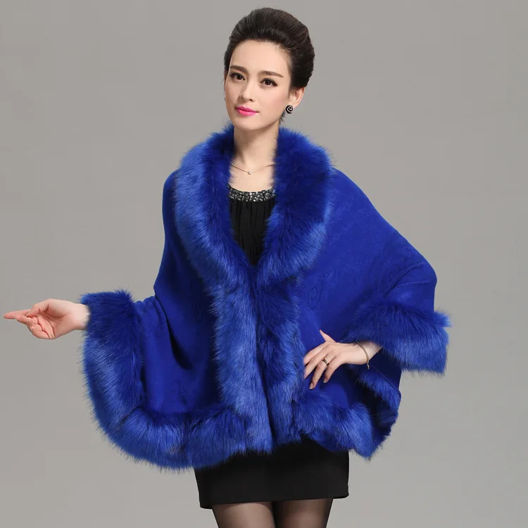Осенне-зимние женские длинные кардиганы с воротником из искусственного меха лисы, кашемировый шаль-свитер, вязаный кардиган, пончо, накидка, большие размеры, Q6-55F - Цвет: Синий