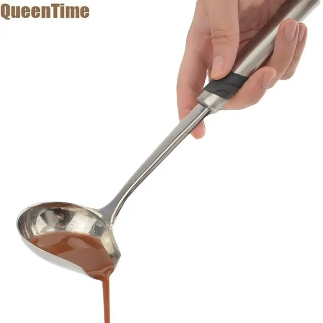 QueenTime Stainless Steel Spout Ladle Pouring Soup Spoon Long Handle Sauce Scoops For Cooking