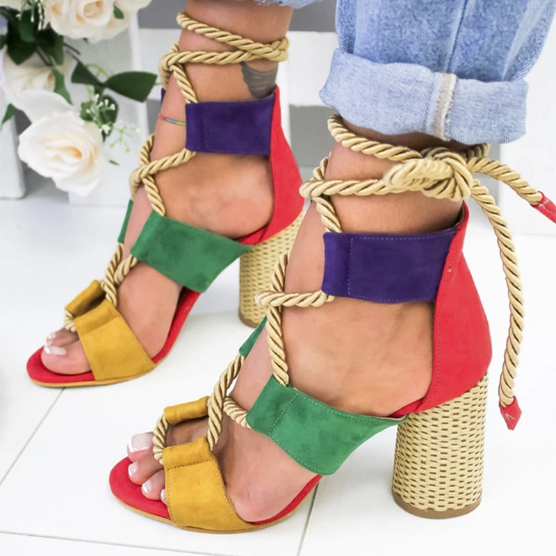 

Women Shoes Summer Sandals Lace Up Cross Bandage Beach Shoes Bohemian Style High Heels Sandals 2019