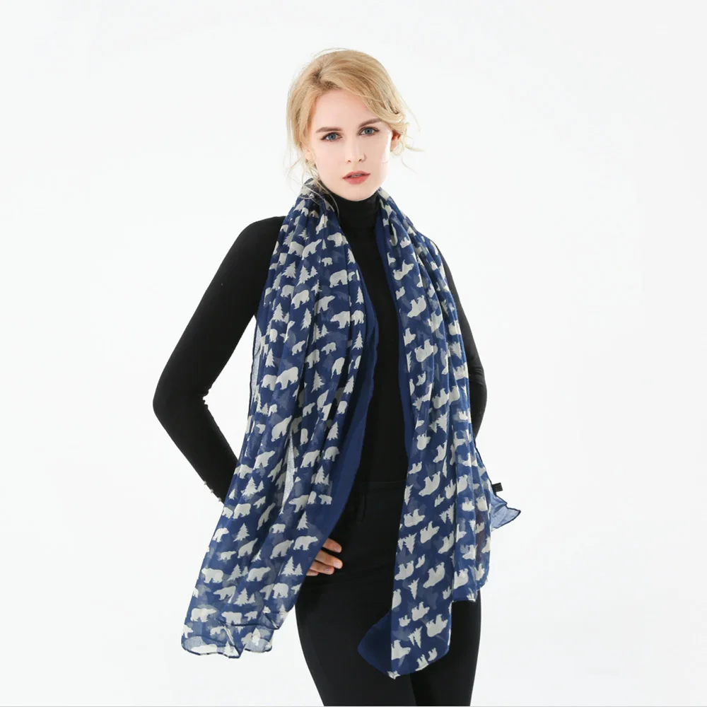 Winfox Новая мода темно-синий полярный медведь животный узор шарфы для женщин