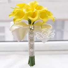 Милый желтый и цвета слоновой кости Кристалл Калла свадебные букеты невесты искусственные бриллианты свадебные букеты с шелковой лентой и кружева