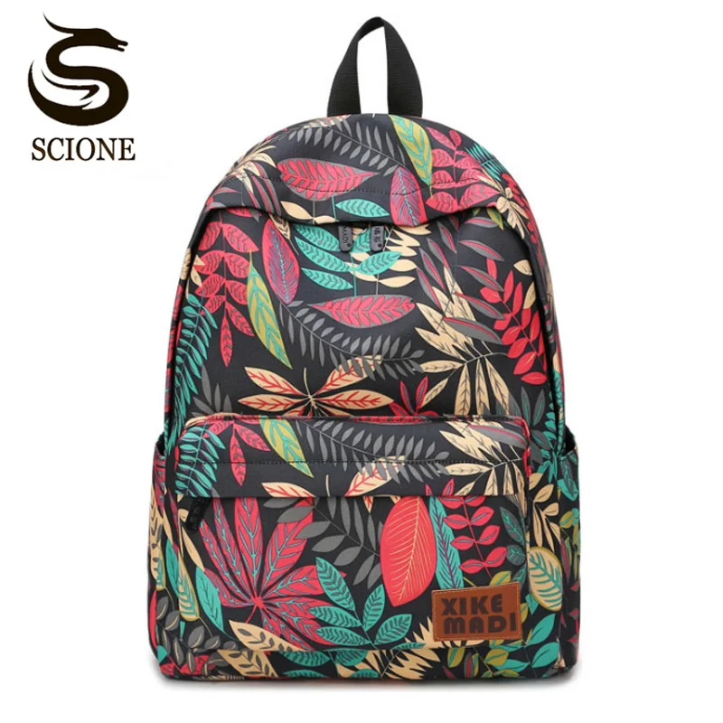 cheap Scione Canvas Women School Bag Backpacks for Girls Mochila Escolar Maple leaf Printing Computer Laptop Backpack School Rucksack