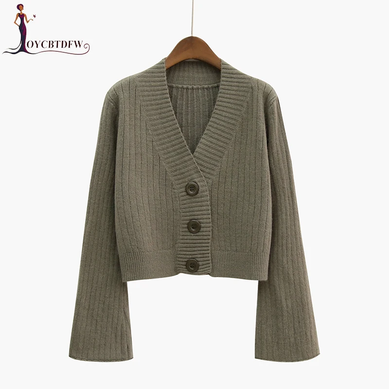 Женский кардиган вязаный свитер рукав-колокол v-образный вырез женский с