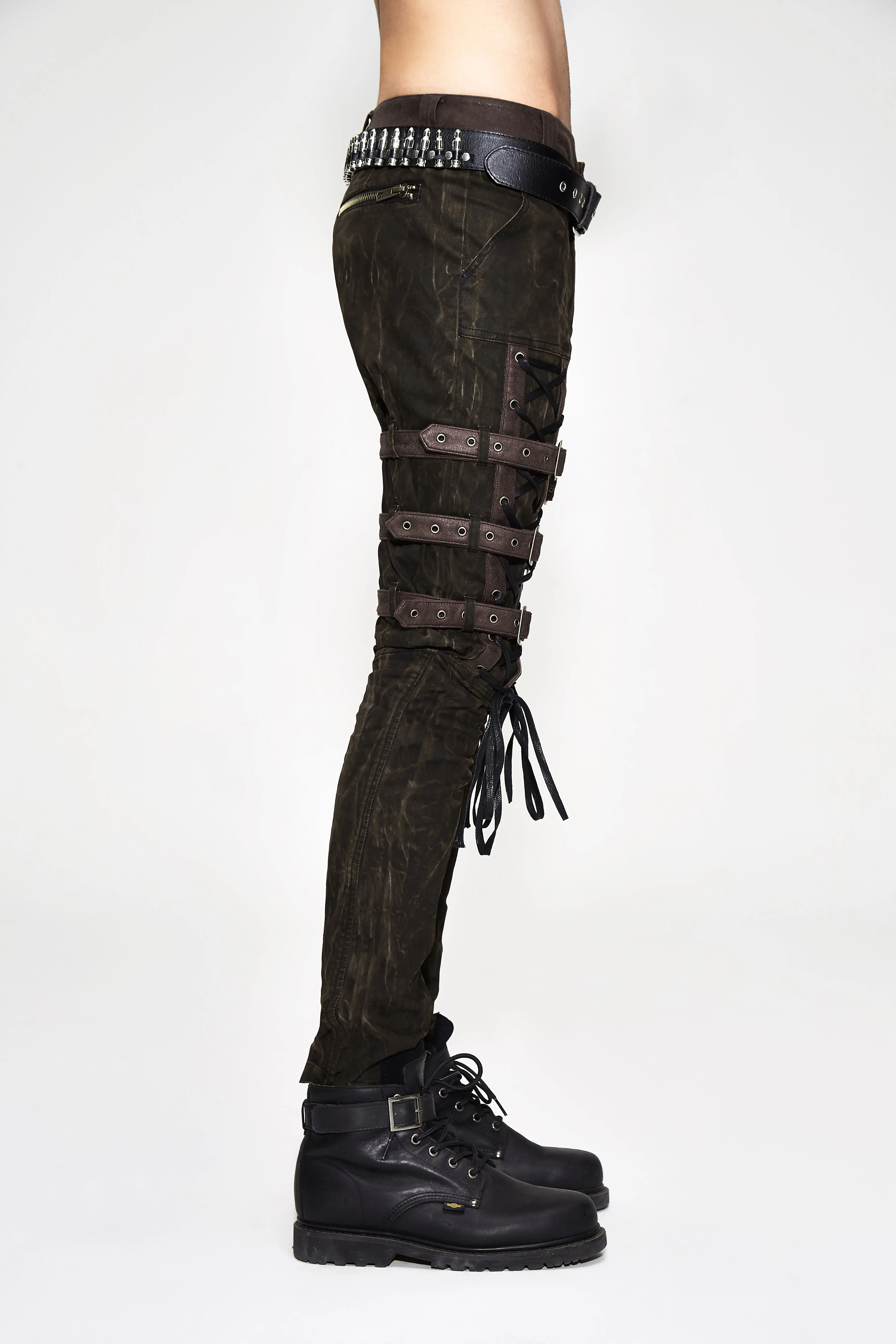 Steampunk Men Long Jean Gothic High Waist Black Brown Tights Slim Trousers Straps in the Leg Lace Up Pencil Pants New