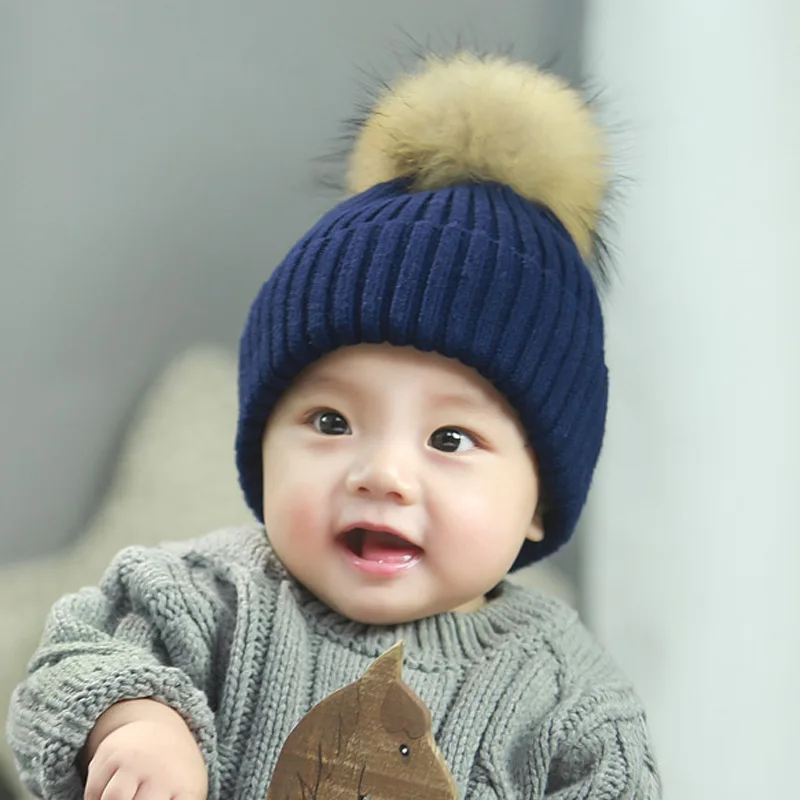 Raccoon Fur Pom Baby Knit Hat for Infant Child Beanie Cap Boys Girls