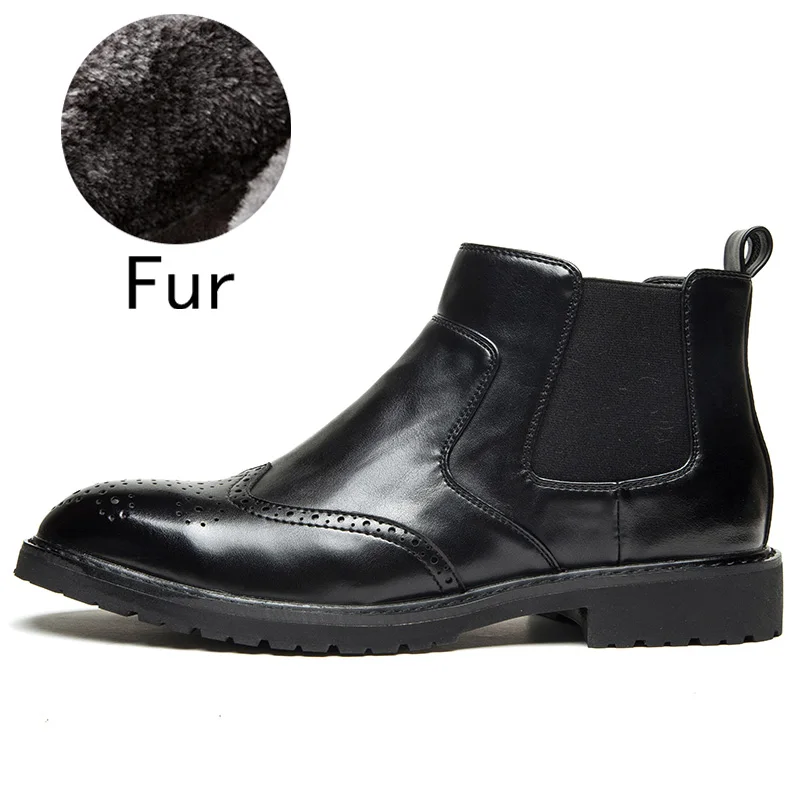 Мужская зимняя обувь Челси Формальные высокие взрослая кожа модные настоящие зимние мужские ботинки#78094 - Цвет: black fur