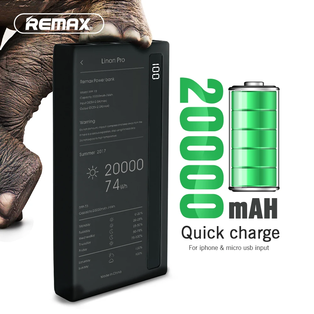 Remax USB Power Bank 20000mAh Fast Charge Portable Charger Type C Micro Usb Led Lamp External Battery for Xiaomi/samsung/iphone