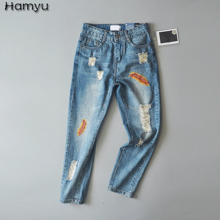 

Women High Waist Ankle-Length Jeans WIth Feather Embroidery Bleached Pants Casual Ripped Hole Ankle-Length Straight Jeans