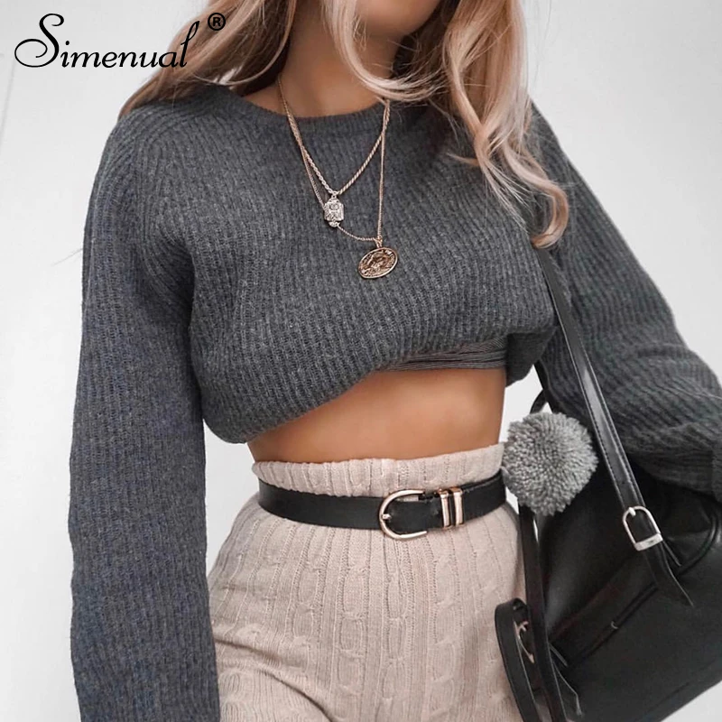 Simenual Casual crop sweater 2018 autumn winter slim grey long sleeve jumper knitwear sexy fashion women sweaters and pullovers Simenual Casual crop sweater 2018 autumn winter slim grey long sleeve jumper knitwear sexy fashion women sweaters and pullovers