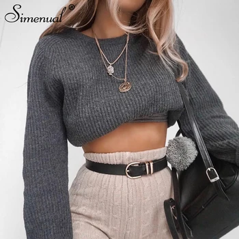 

Simenual Casual crop sweater 2018 autumn winter slim grey long sleeve jumper knitwear sexy fashion women sweaters and pullovers