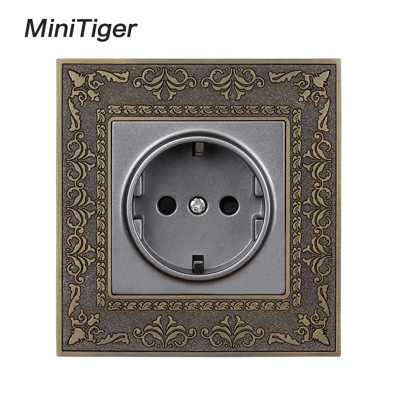 Minitiger 16A EU Standard Gold Power Socket 4D Embossing Retro Zinc Alloy Panel Wall Power Socket AC 110~250V