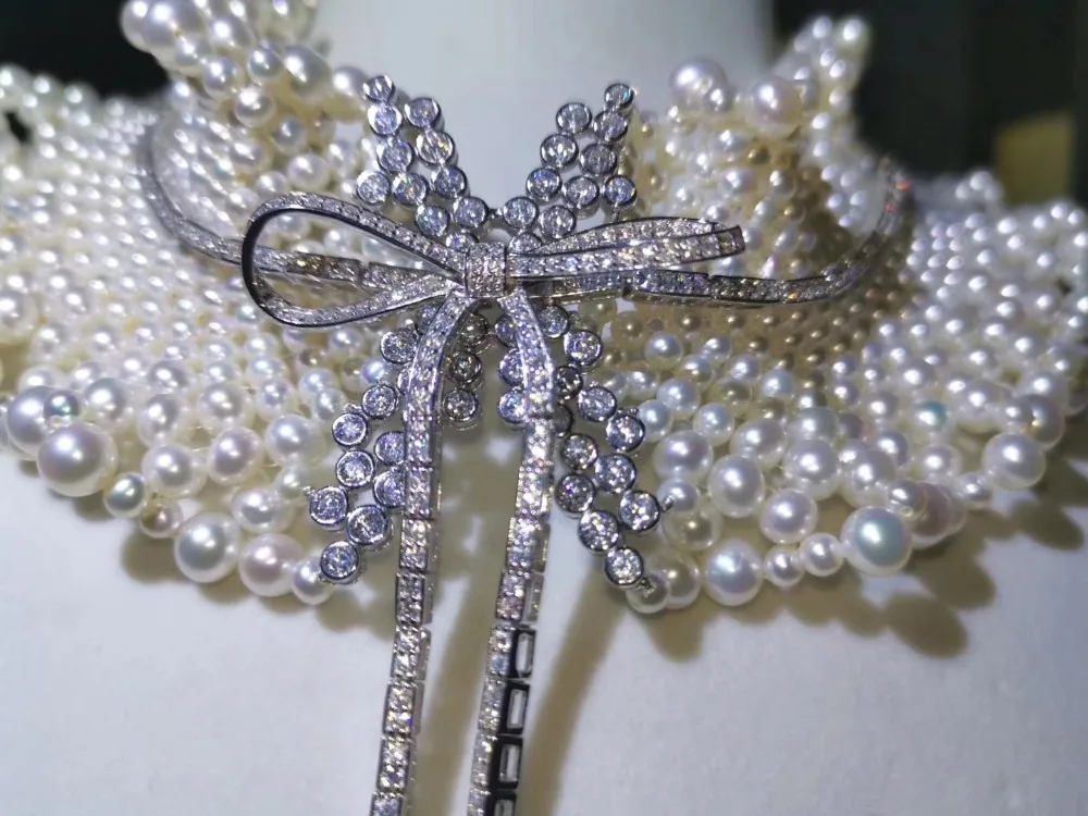 Настоящее Жемчужное ожерелье из пресной воды, кружевное ожерелье из стерлингового серебра 925 пробы с бантом, колье для свадебной вечеринки, хорошее женское ювелирное изделие