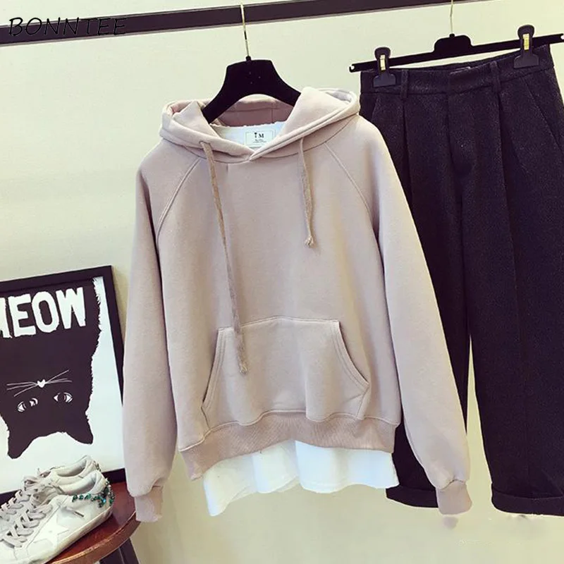 

Hoodies Women Harajuku Plus Velvet Lazy Full Sleeve Hooded Solid Womens Pullover Leisure School Students Ladies Sweatshirts