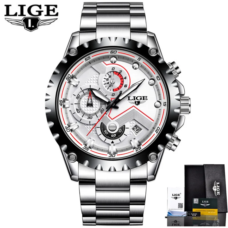 LIGE часы для мужчин модные спортивные кварцевые часы для мужчин s часы лучший бренд класса люкс Полный сталь Бизнес водонепроницаемые часы Relogio Masculino - Цвет: Steel White