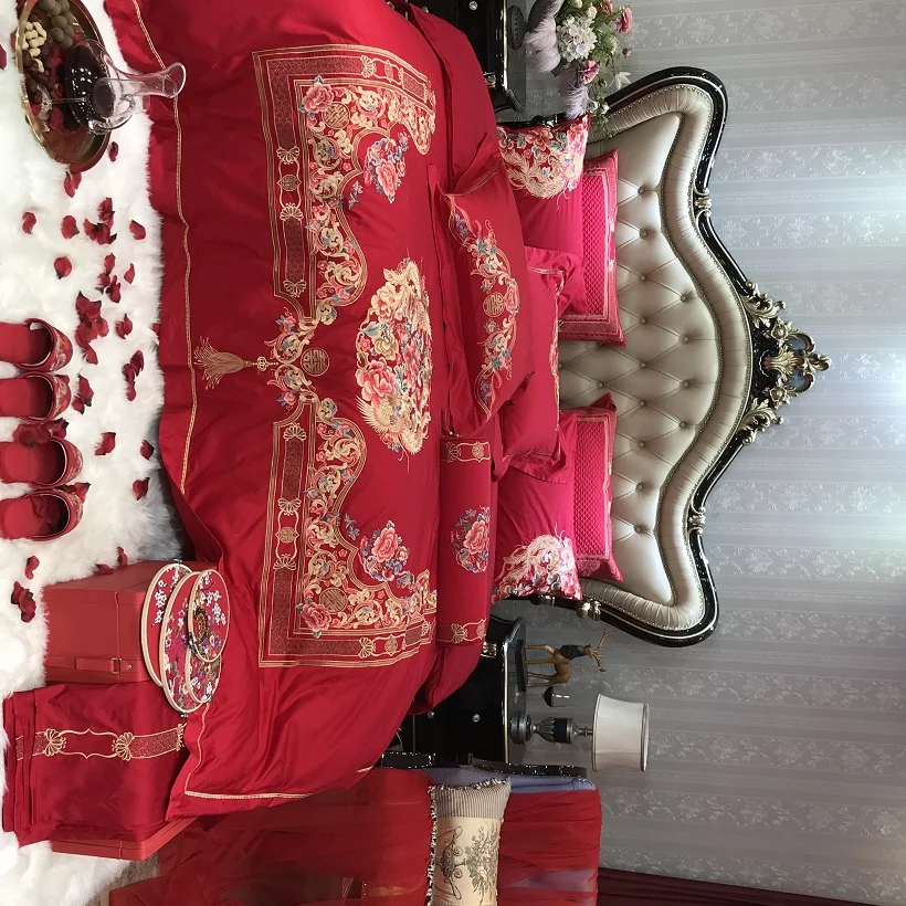 Waliicorners Egyptian Cotton Luxury Embroidery Red Wedding Bedding set Duvet cover Bed Sheets,Silky Ultra soft Queen King size 4/6/9- 32 IMG_1174