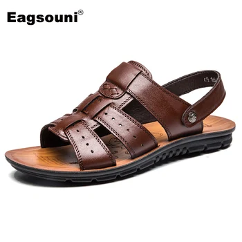 

2019 Brand Summer Men Genuine leather Beach Sandals Outoor Male Elastic Slippers Men Cool Casual Shoes Plus Size 39-47