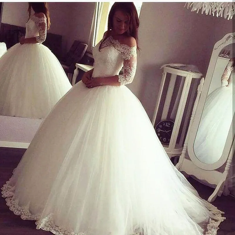 

Thinyfull Sexy Off Shoulder Boat Neck Half Sleeve Lace Tulle Ball Gown Wedding Dress 2019 Applique Bride Gown Vestido De Noiva