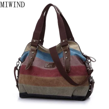 

MIWIND Free Shipping Canvas Striped Women Messenger Bags Large Capacity Bag Female Totes Solid Shoulder Bag Travel Bag TBZ620