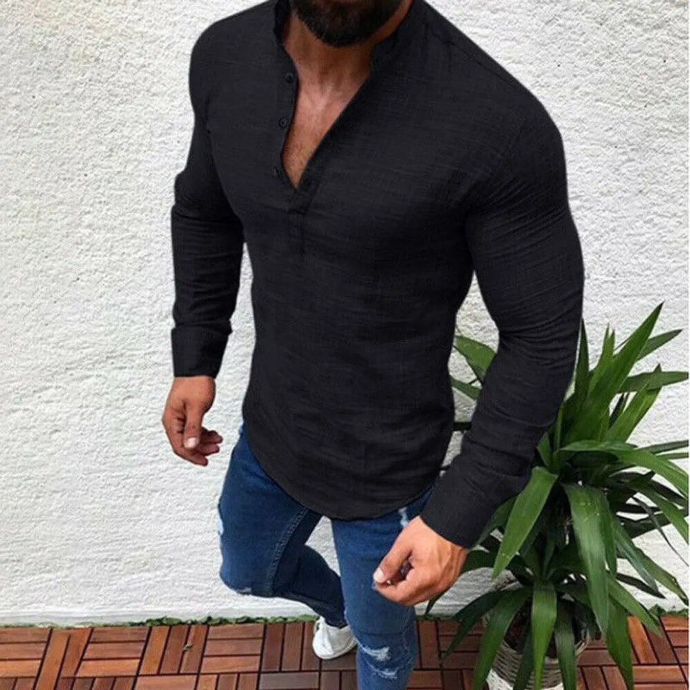 

New Men's Linen Long Sleeve Button V-Neck T-Shirt Summer Cool Loose Casual Solid Shirts Tops