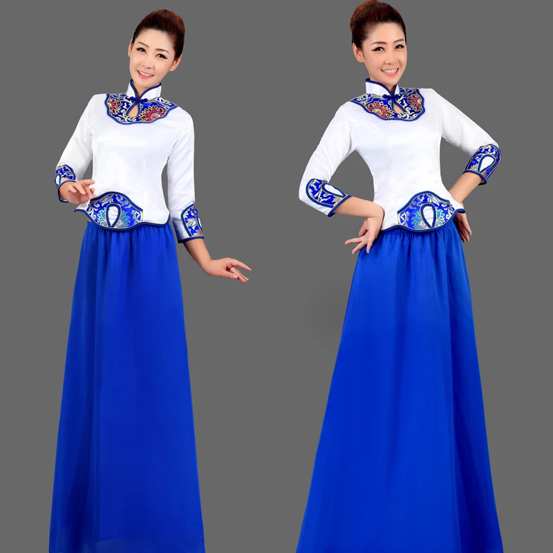 (0194) New blue/white porcelain folk music chorus dress classical costumes Chinese wind clothing guzheng flute Tea performance