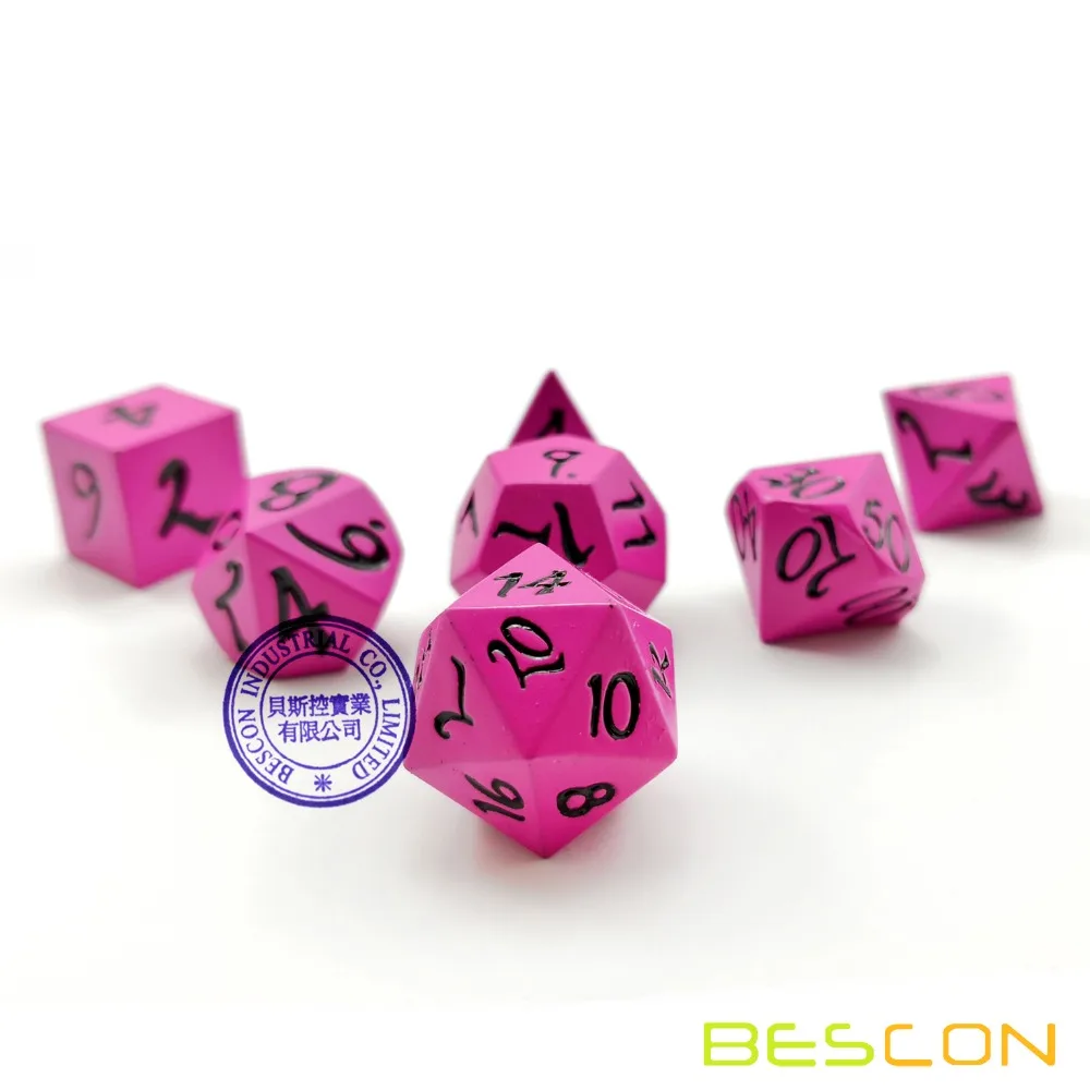 

Bescon Fresh New Solid Metal Dice Set Deep Pink,Metal RPG Miniature Polyhedral dice set of 7 for role Playing Games