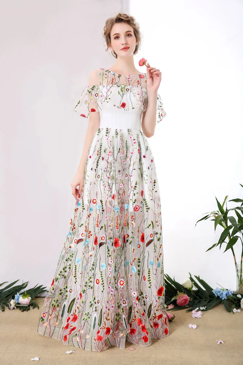 Shinesure 2017 вышивка вечерние платья scoop длиной до пола короткие рукава a line пром dress the