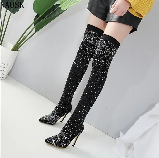 

NAUSK 2019 Fashion Runway Crystal Stretch Fabric Sock Boots Pointy Toe Over-the-Knee Heel Thigh High Pointed Toe Woman Boot