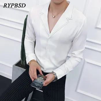 

2019 Spring Men Shirt Long Sleeve Suit Collar Slim Fit Korean Fashion Personality Nightclub Prom Casual Dress Shirt Men
