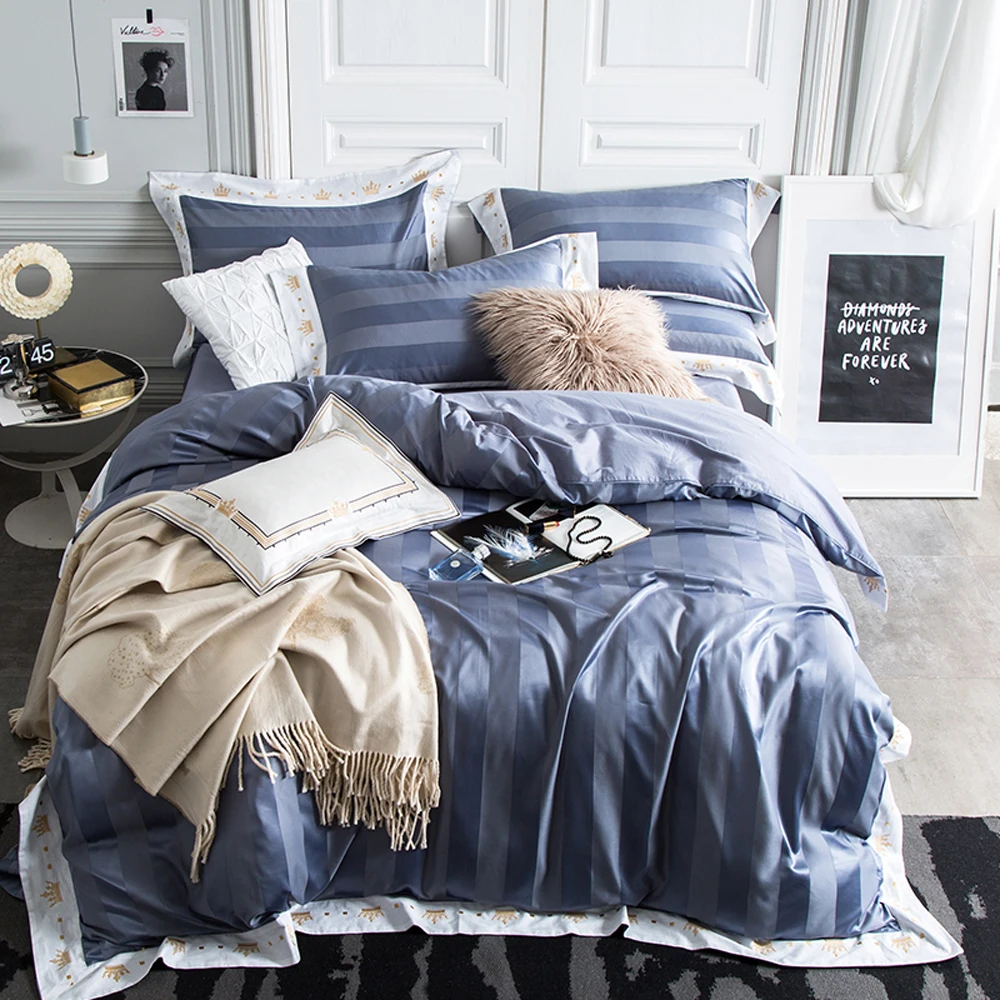 

Papa&Mima stripe Solid color blue Queen King Size Bedding Sets Polyester and Cotton fabric Flat Sheet duvet cover Set Bedlinens