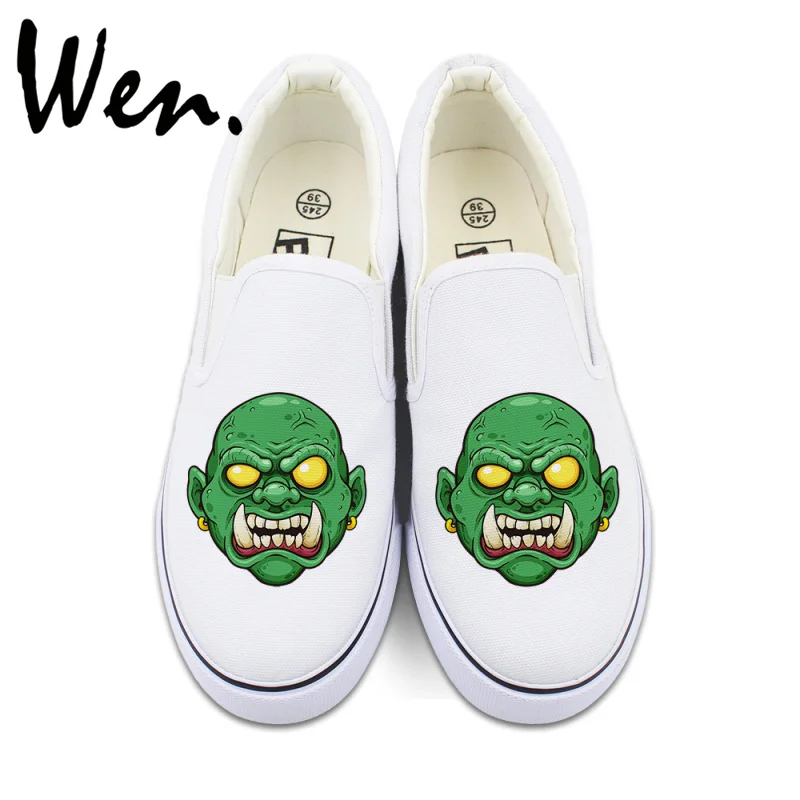 

Wen Men Canvas Shoes Slip on Flats Original Monster Tusky Green Face Design Sneakers Women Soft Wearing Platform Pumps