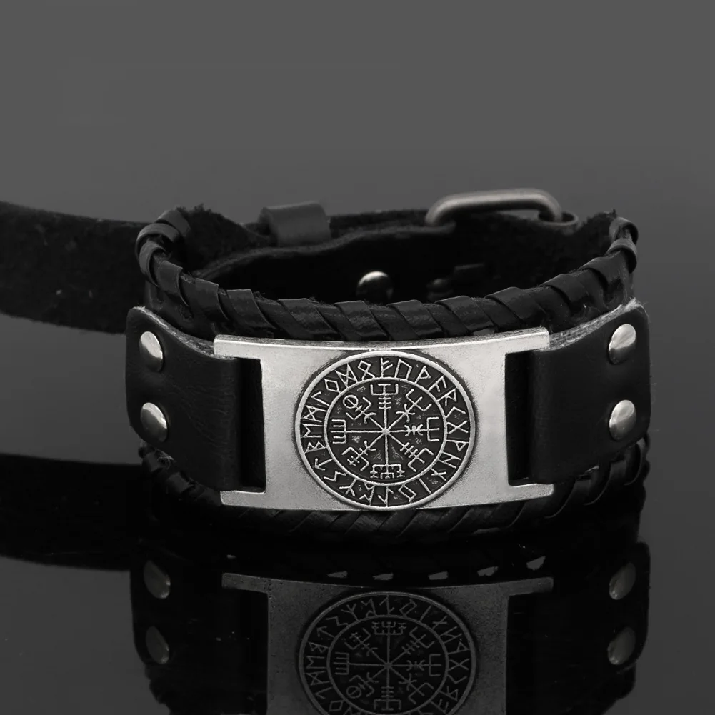 Nodic viking Vegvisir компас кожаный амулет символ Одина браслет-регулируемый размер 19-25 см